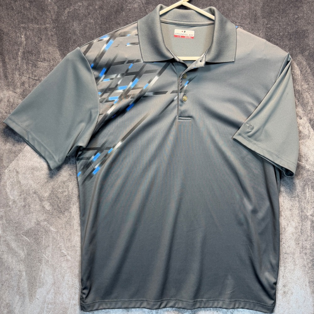 Grand Slam Polo Shirt Mens L Gray Polyester Graphic Performance Golf Activewear